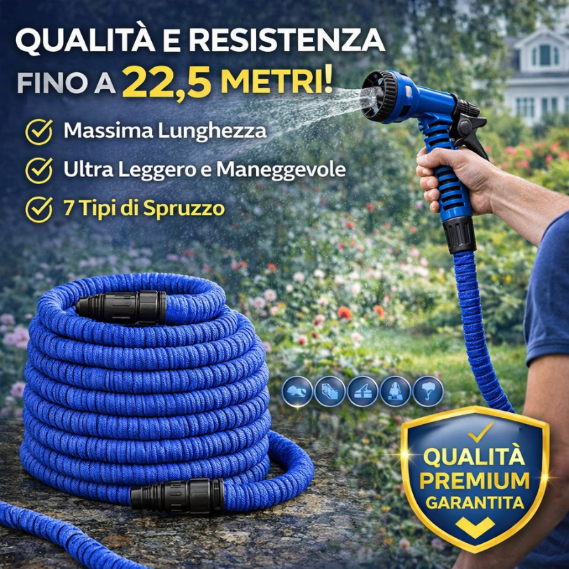 IdroPro – Tubo Estensibile 22,5m con Pistola 6 Getti | Senza Nodi, Super Compatto e Resistente Klondo