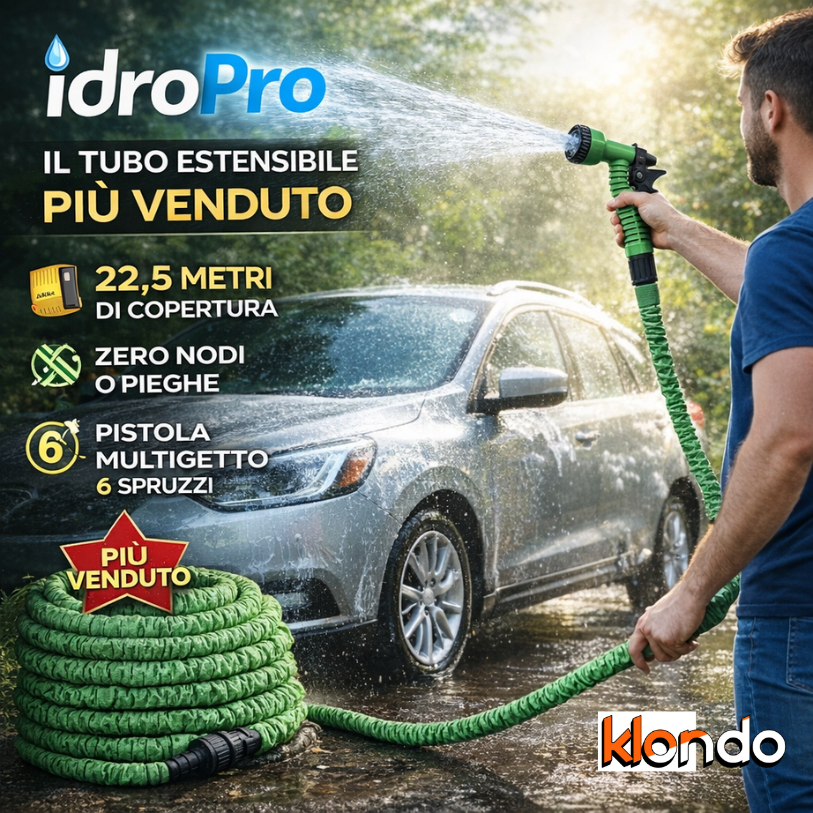 IdroPro – Tubo Estensibile 22,5m con Pistola 6 Getti | Senza Nodi, Super Compatto e Resistente Klondo
