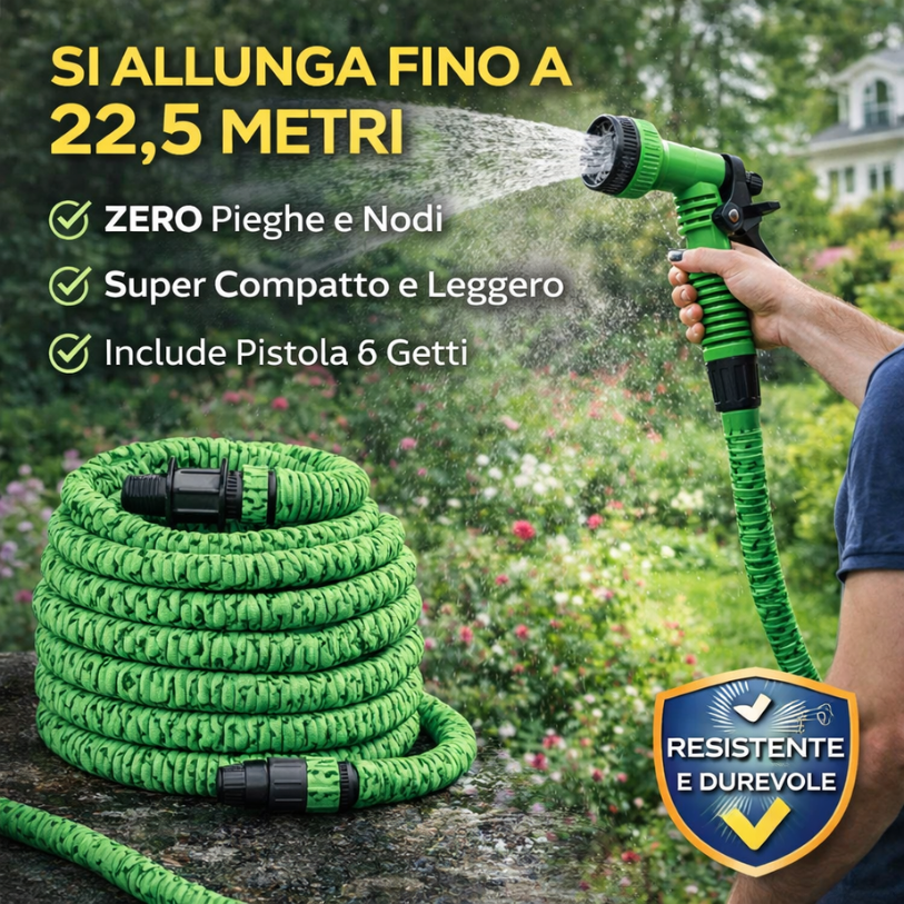 IdroPro – Tubo Estensibile 22,5m con Pistola 6 Getti | Senza Nodi, Super Compatto e Resistente Klondo