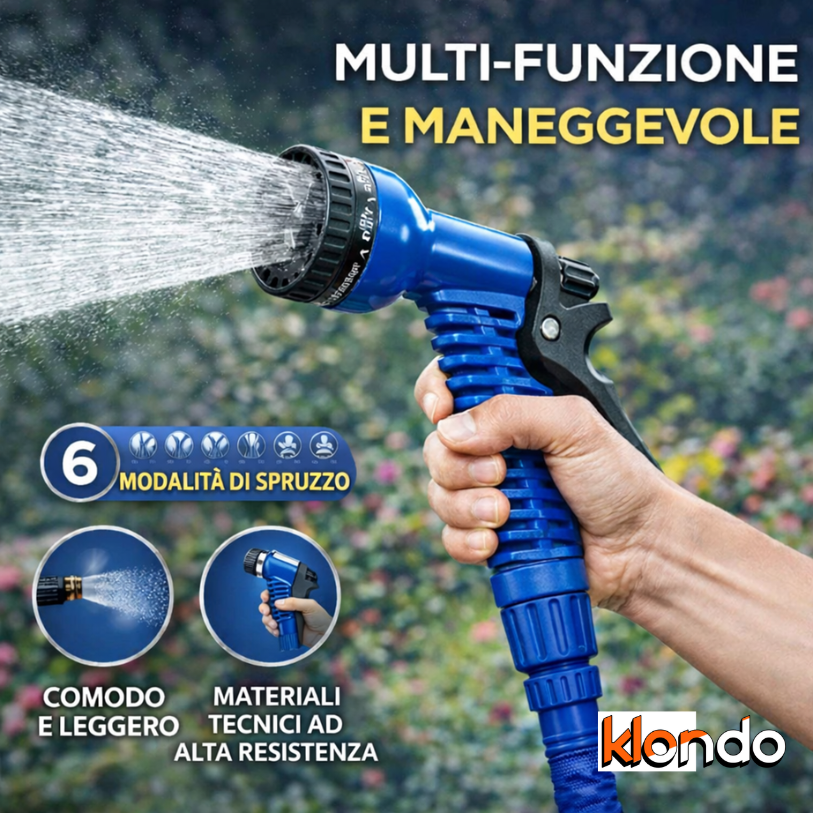 IdroPro – Tubo Estensibile 22,5m con Pistola 6 Getti | Senza Nodi, Super Compatto e Resistente Klondo
