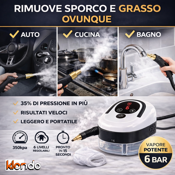 Pulitore a Vapore Portatile Multifunzione – Steam Cleaner Professionale per Casa e Auto Klondo