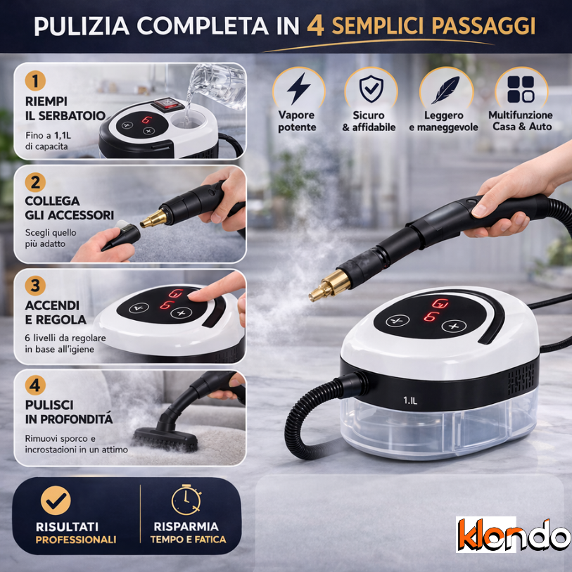 Pulitore a Vapore Portatile Multifunzione – Steam Cleaner Professionale per Casa e Auto Klondo