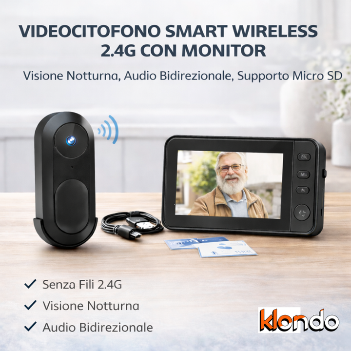 Videocitofono Smart Wireless con Monitor – Visione Notturna, Audio Bidirezionale, Supporto Micro SD Klondo