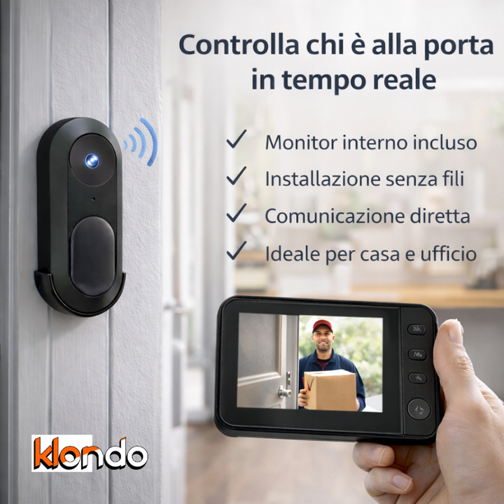 Videocitofono Smart Wireless con Monitor – Visione Notturna, Audio Bidirezionale, Supporto Micro SD Klondo