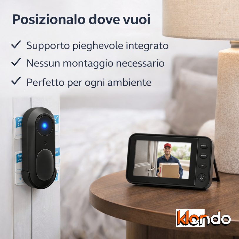 Videocitofono Smart Wireless con Monitor – Visione Notturna, Audio Bidirezionale, Supporto Micro SD Klondo