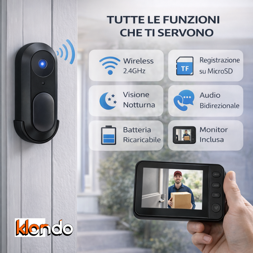 Videocitofono Smart Wireless con Monitor – Visione Notturna, Audio Bidirezionale, Supporto Micro SD Klondo