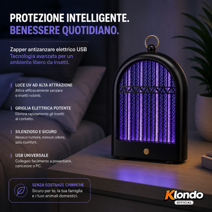 Lampada Antizanzare Elettrica USB – Killer Mosquito LED Silenzioso da Interno e Esterno Klondo