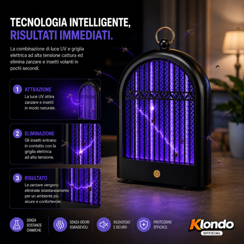 Lampada Antizanzare Elettrica USB – Killer Mosquito LED Silenzioso da Interno e Esterno Klondo